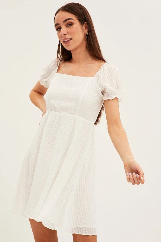 White Square Neck Puff Sleeve Skater Dress