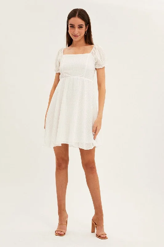 White Square Neck Puff Sleeve Skater Dress