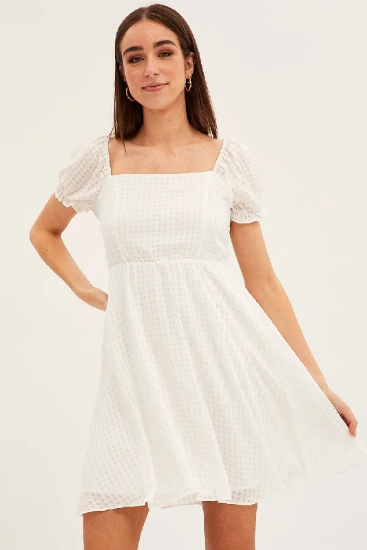 White Square Neck Puff Sleeve Skater Dress