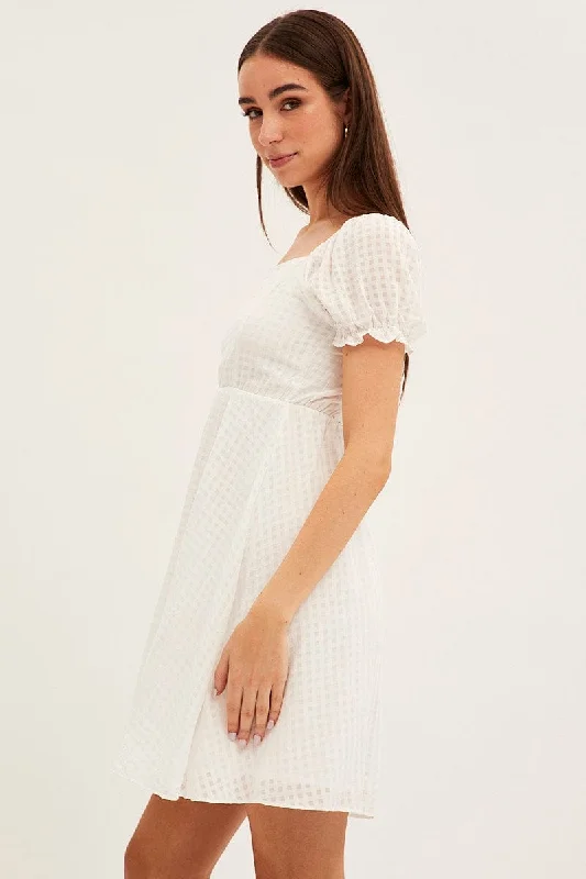 White Square Neck Puff Sleeve Skater Dress