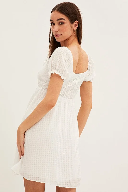 White Square Neck Puff Sleeve Skater Dress