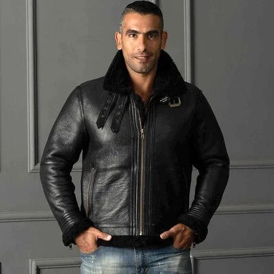 8009 european size high quality super warm genuine sheep leather jacket mens big size B3 shearling bomber military fur jacket