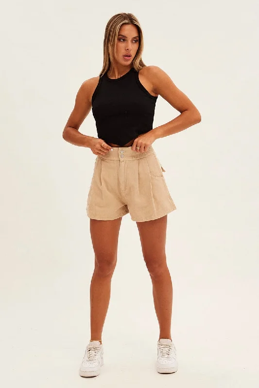 Beige Paper Bag Shorts High Waist