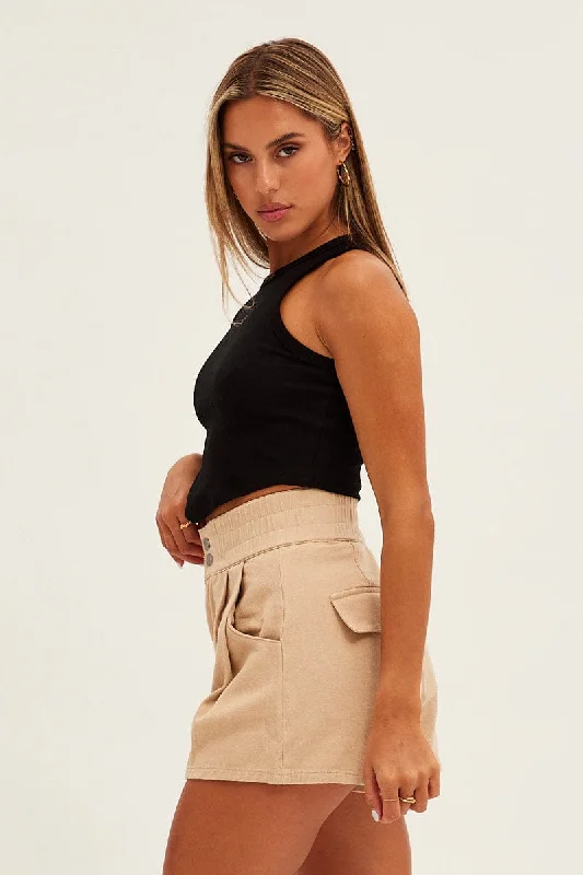 Beige Paper Bag Shorts High Waist