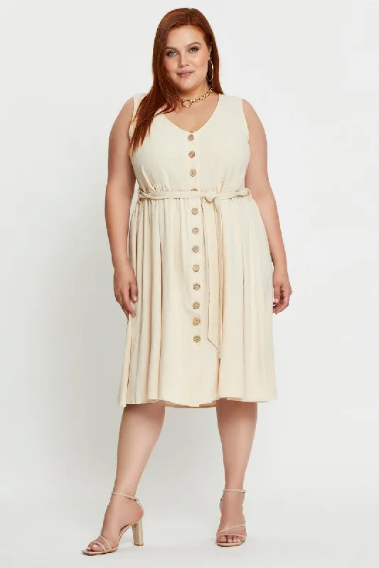 Beige Skater Dress V-neck Sleeveless Button