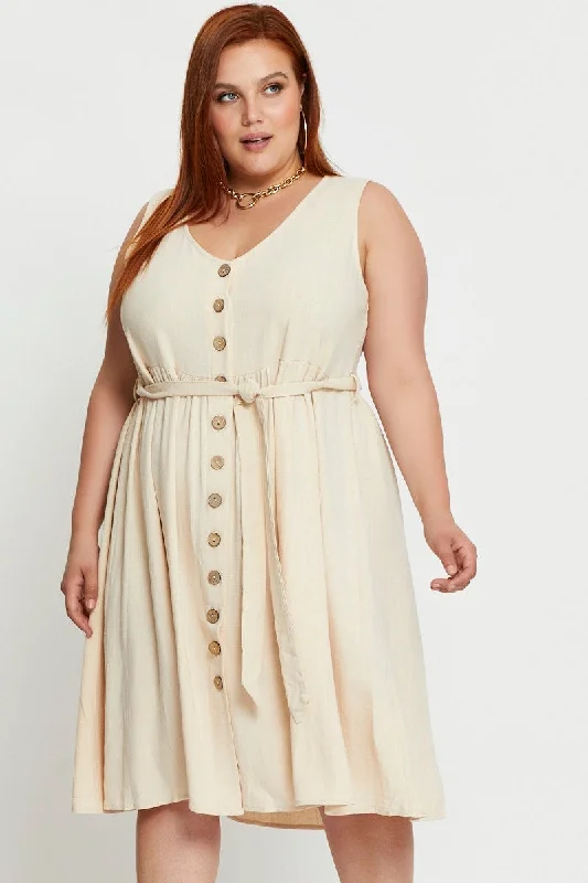 Beige Skater Dress V-neck Sleeveless Button