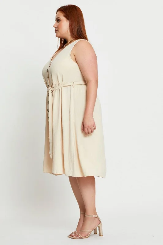 Beige Skater Dress V-neck Sleeveless Button