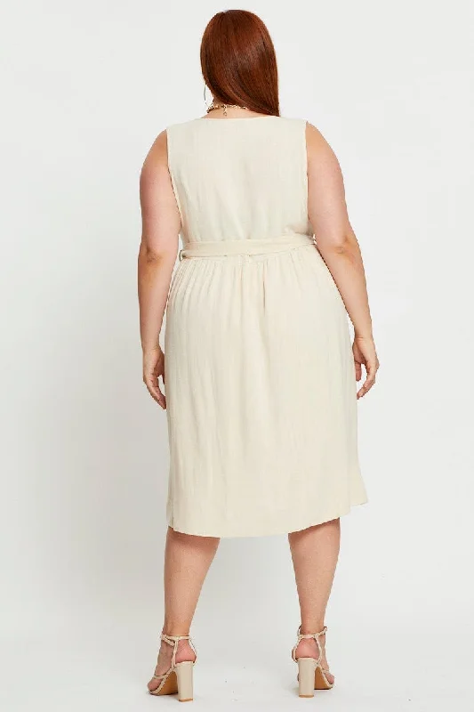 Beige Skater Dress V-neck Sleeveless Button