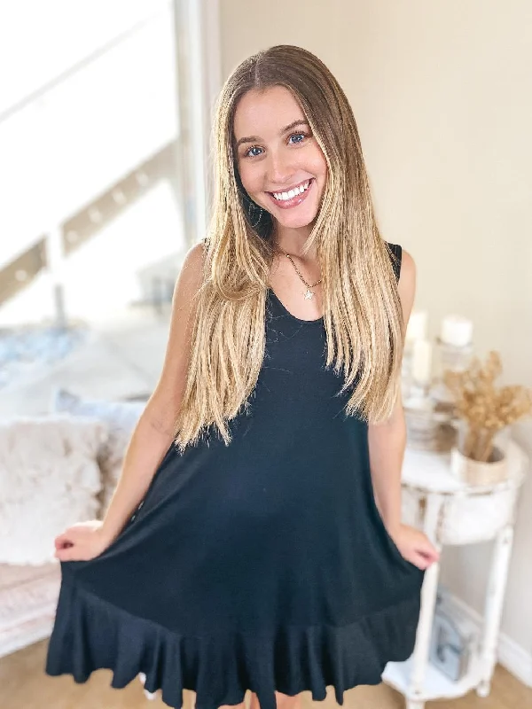 Best Hello Tank Dress with Ruffle Hem in Black