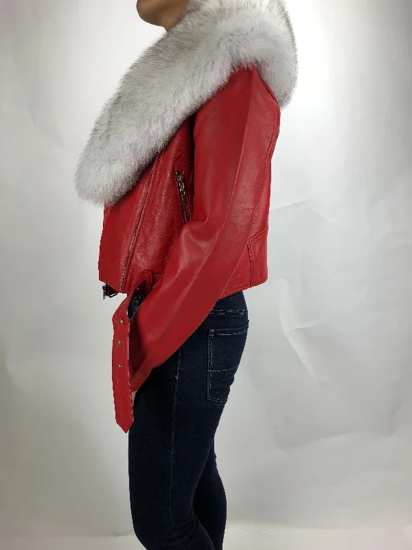 Women's Classic Biker Red With Fox Collar [ SLIM FIT]