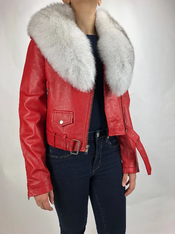 Women's Classic Biker Red With Fox Collar [ SLIM FIT]