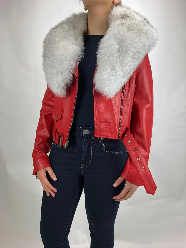 Women's Classic Biker Red With Fox Collar [ SLIM FIT]