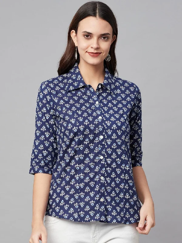 indigo Block Printed Casual Women Shirts