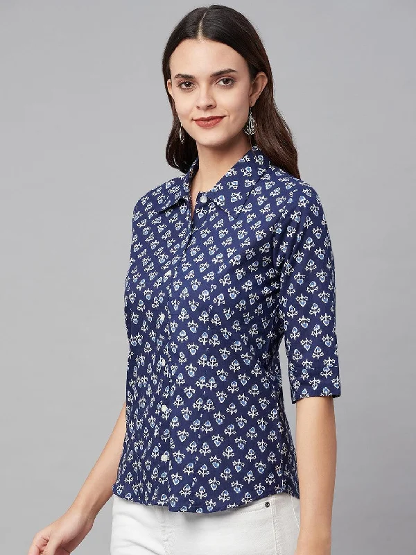 indigo Block Printed Casual Women Shirts