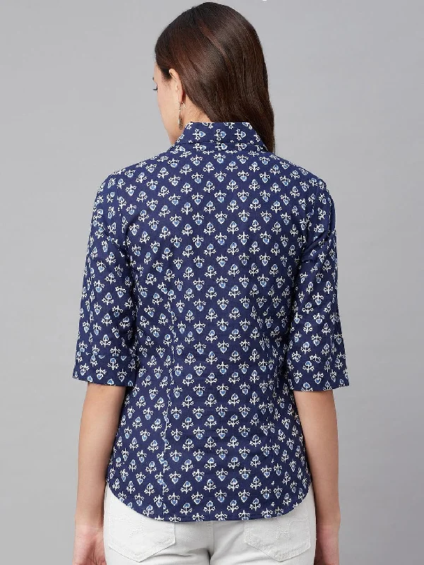 indigo Block Printed Casual Women Shirts