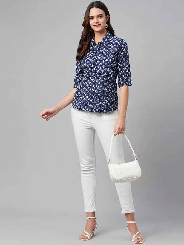 indigo Block Printed Casual Women Shirts