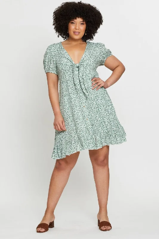 Floral Print Skater Dress V-neck Short Sleeve Tie Front