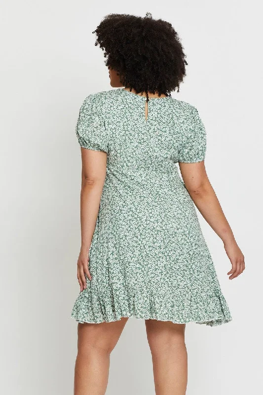 Floral Print Skater Dress V-neck Short Sleeve Tie Front