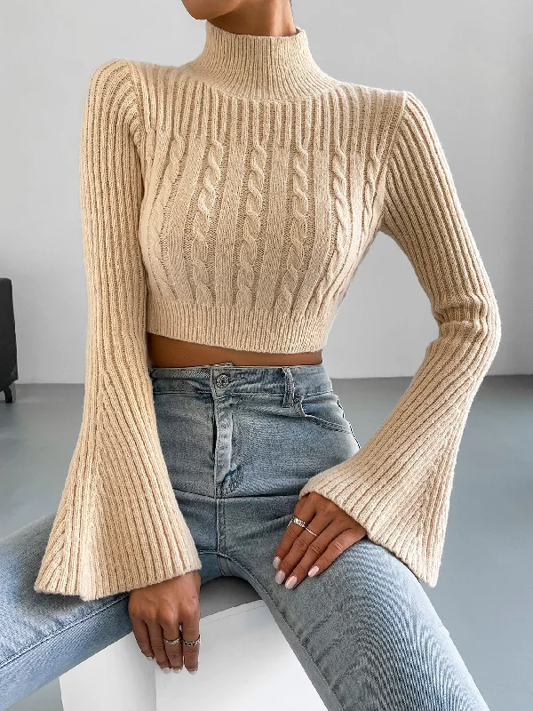 High Neck Trumpet Sleeve Cable Knit Crop Sweater