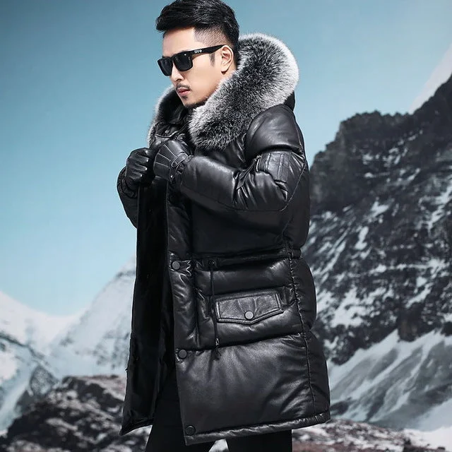 Leather Jacket Men Cow Leather Jacket Thick Winter Fox Fur Collar Hooded Mens Duck Down Coat Jaqueta De Couro 31-8818008M2 YY573