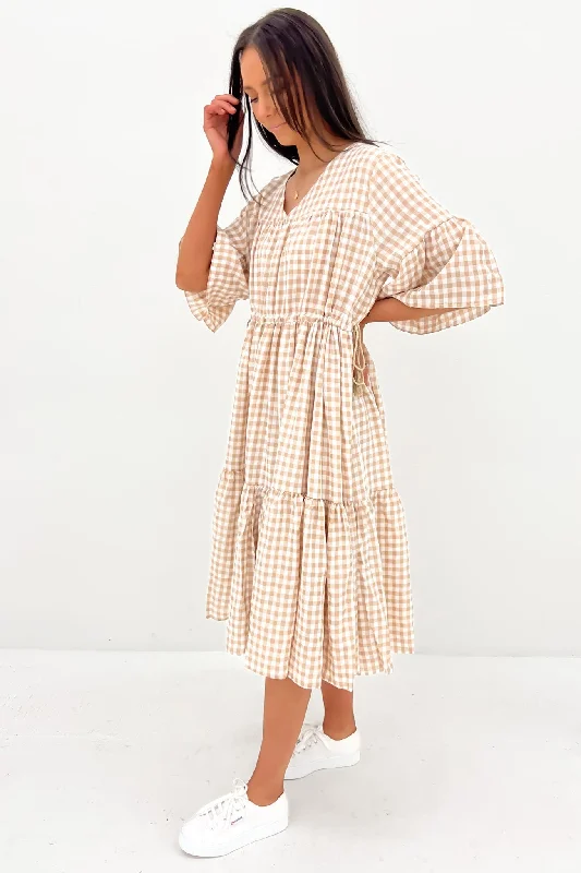 Maceline Midi Dress Beige Gingham