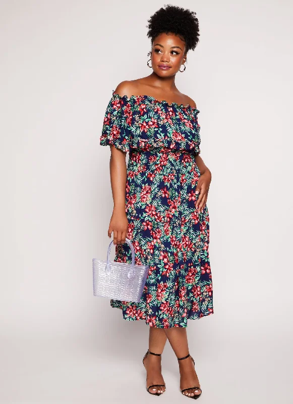 Plus Size Floral Print Overlay Off the Shoulder Midi Dress