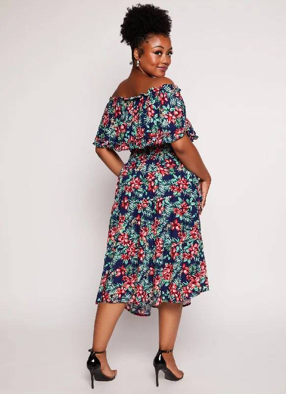 Plus Size Floral Print Overlay Off the Shoulder Midi Dress