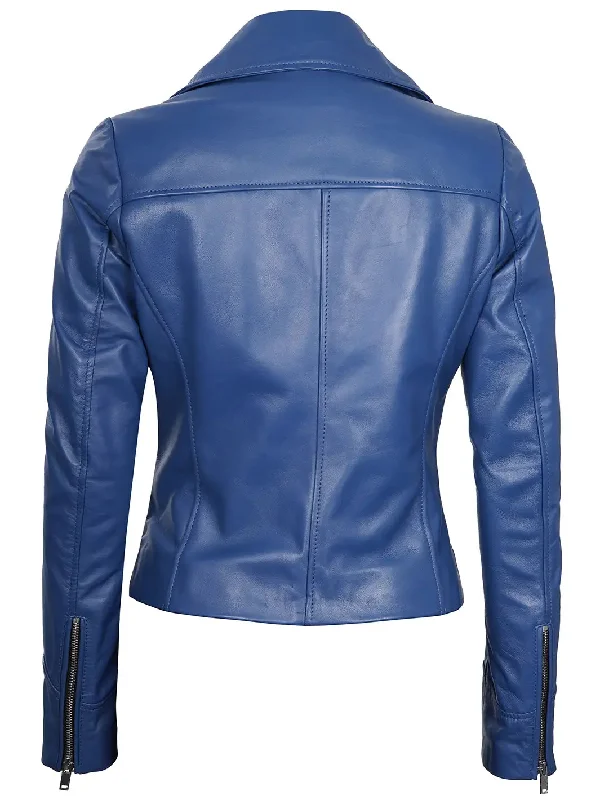 Ninfa Women's Blue Asymmetrical Biker Leather Jacket