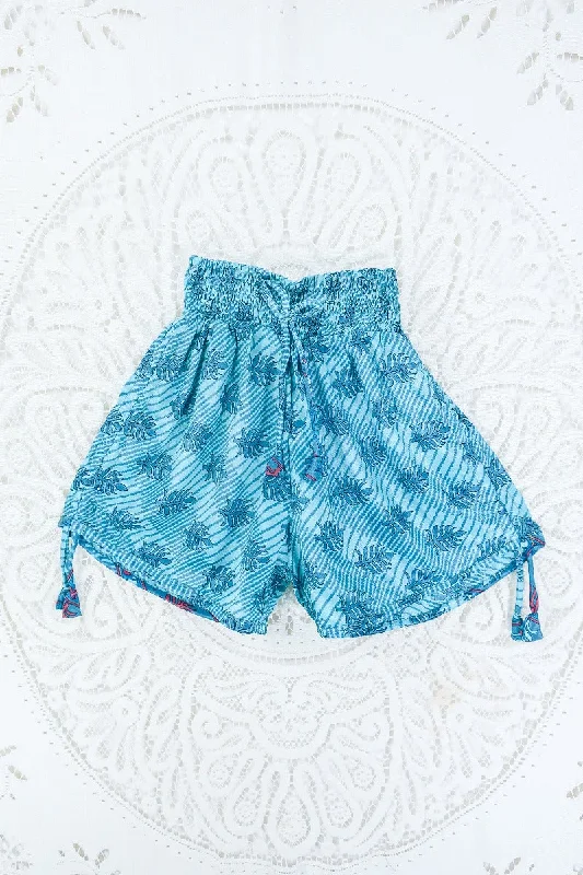 Pippa Shorts - Powdered Turquoise & Stone Ferns - Vintage Indian Sari - S