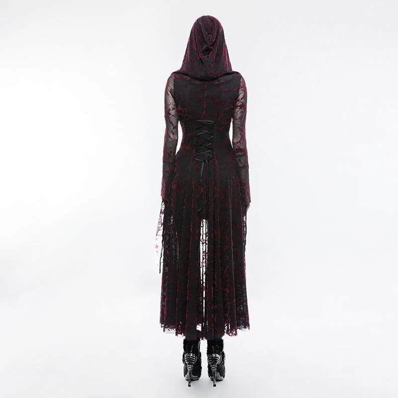 Women's Gothic Ribbon Trim Sheer Lace Flame Long Dress