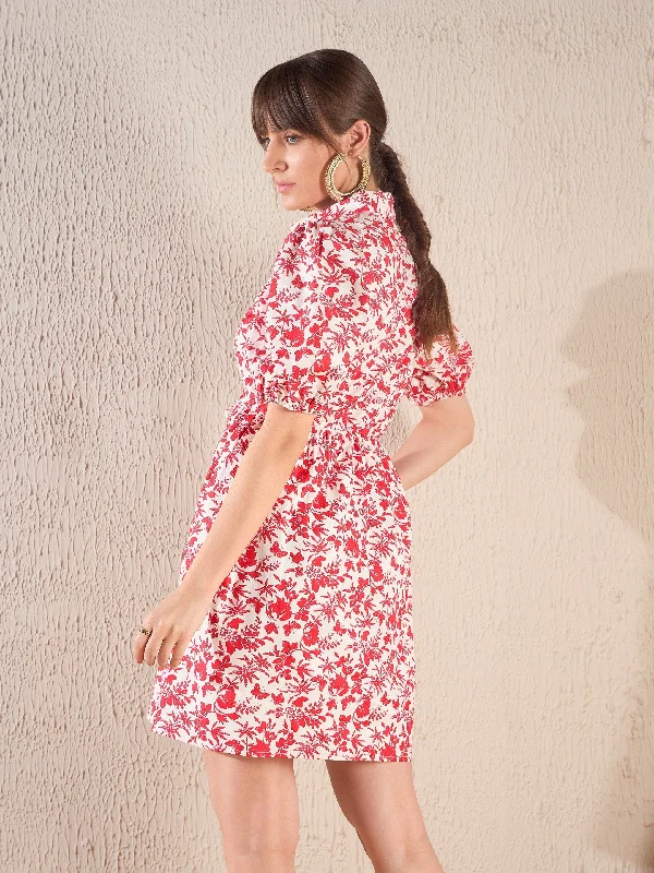 Women Red Floral Front Drawstring Detail Shirt Dress