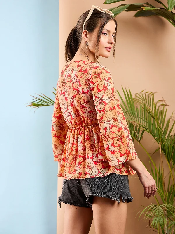 Women Red Floral Front Button Frill Peplum Top