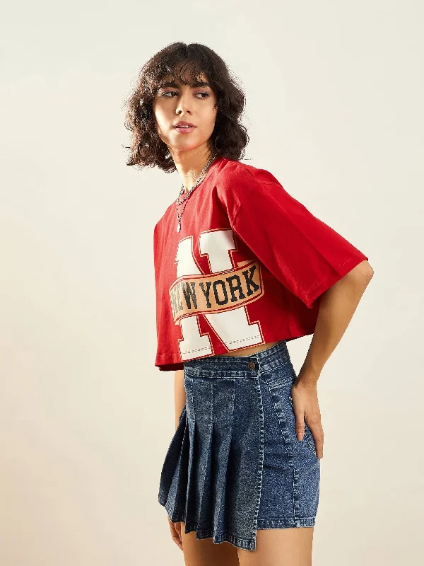 Women Red NEW YORK Printed Crop T-shirt