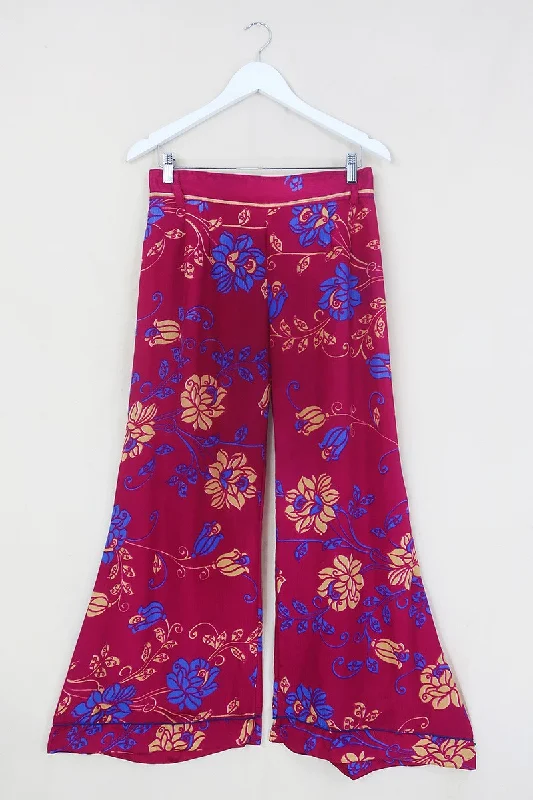 Tandy Wide Leg Trousers - Vintage Sari - Deep Magenta Pink - Free Size M/L