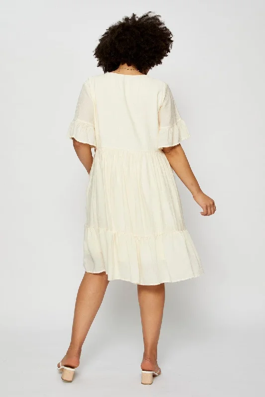 White Skater Dress V-neck Short Sleeve Ruffle Hem