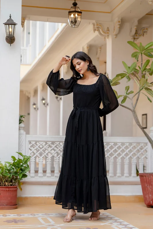 Women Black Georgette Flared Dress