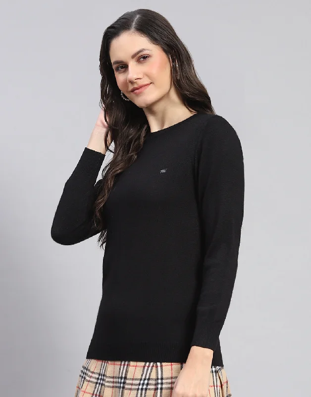 Women Black Solid Round Neck Full Sleeve Sweater