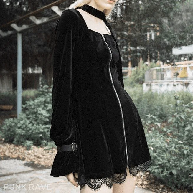 Women's Goth Halterneck  Font Zip Flare Sleeved Velet Dress