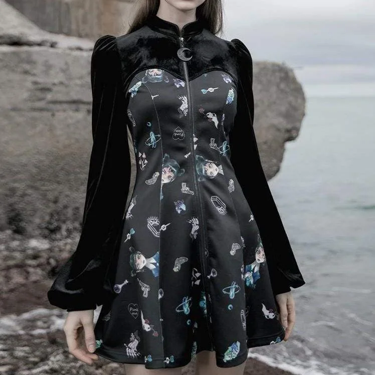 Women's Gothic Stand Collar Zipper Cross Cartoon Printed Velvet Dresses