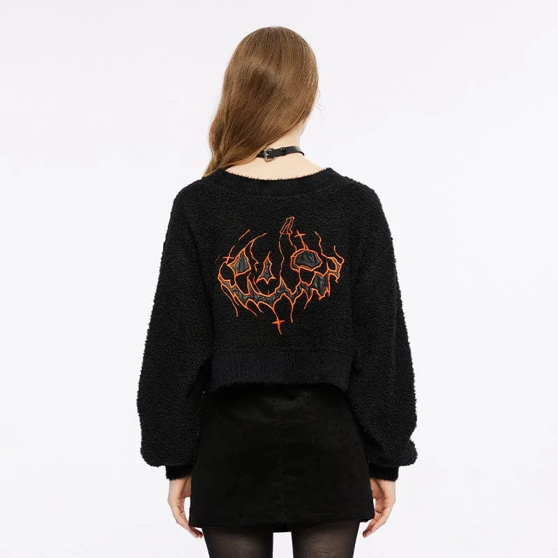 Women's Grunge Plunging Pumpkin Embroidered Short Sweater