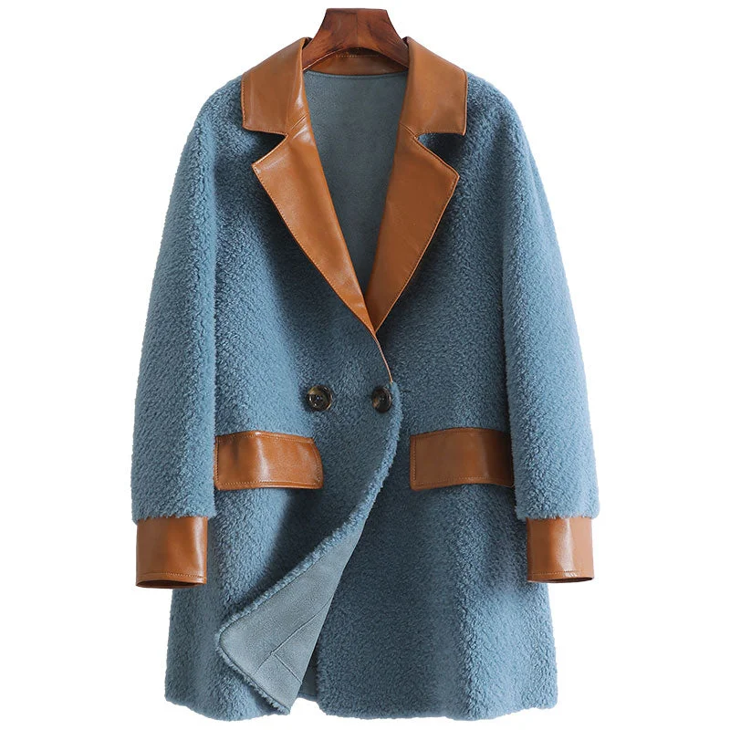 Women's Korean Fashion Real Fur Woolen Mid-length Patchwork Coat