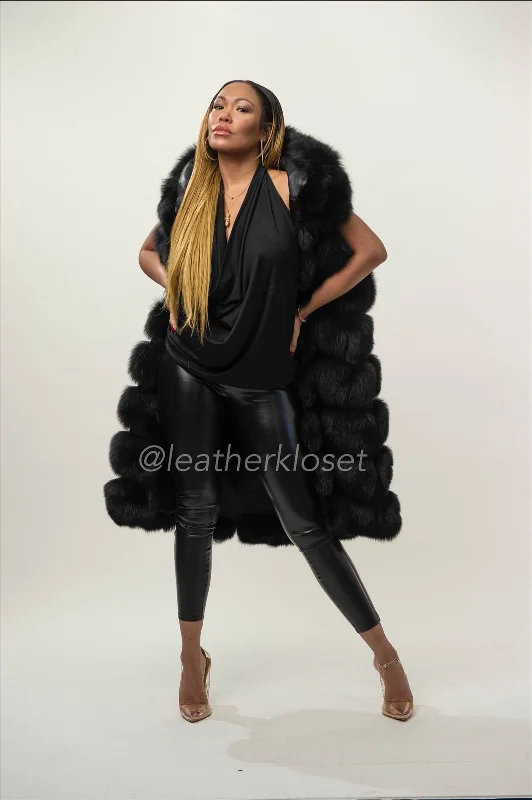 Women's Mia Fox Fur Vest With Hood [Black]