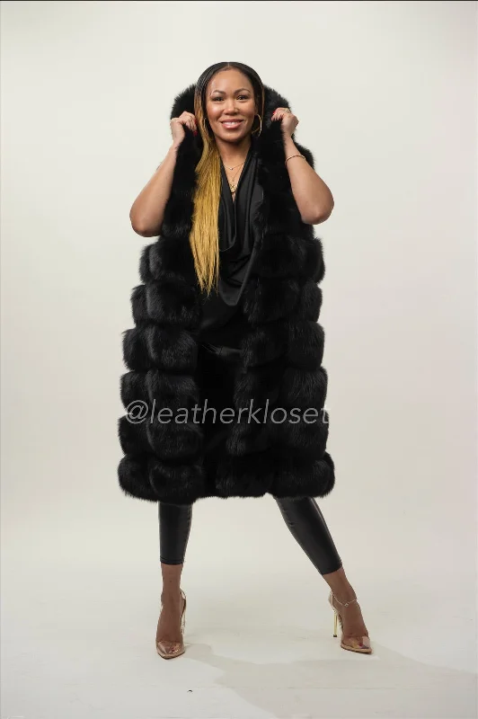 Women's Mia Fox Fur Vest With Hood [Black]