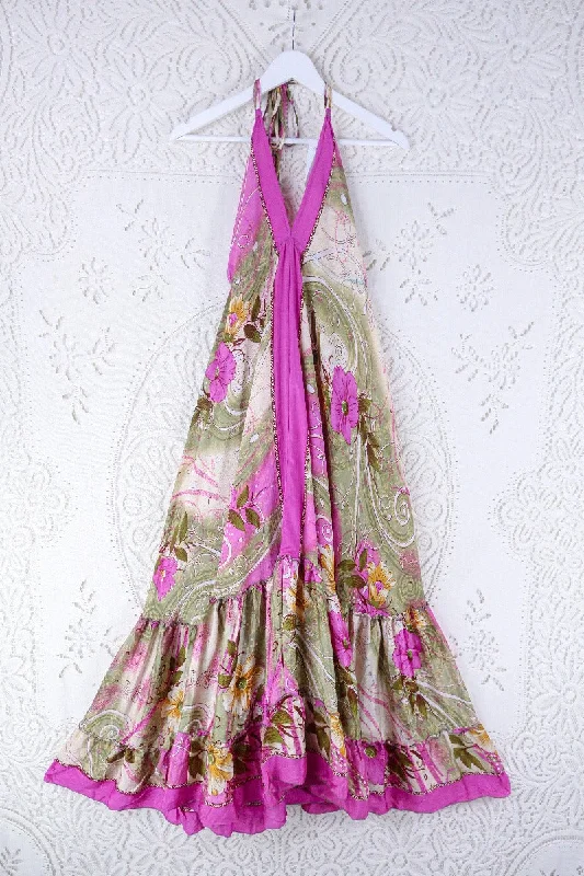 Blossom Halter Maxi Dress - Vintage Sari - Bubble Gum Meadow - Free Size L/XL