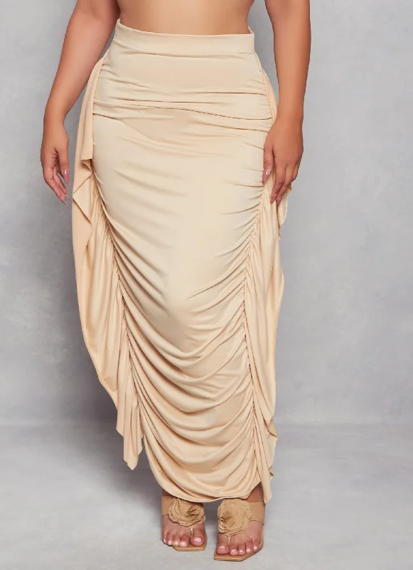 Plus Size Ruched Ruffle Detail Maxi Skirt