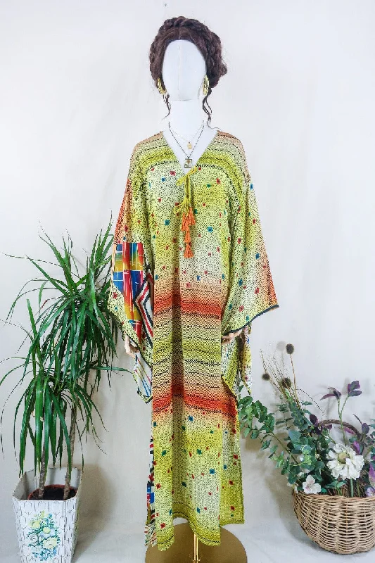 Cassandra Maxi Kaftan - Meadow Green Hall of Kaleidoscopes - Vintage Sari - Size M/L