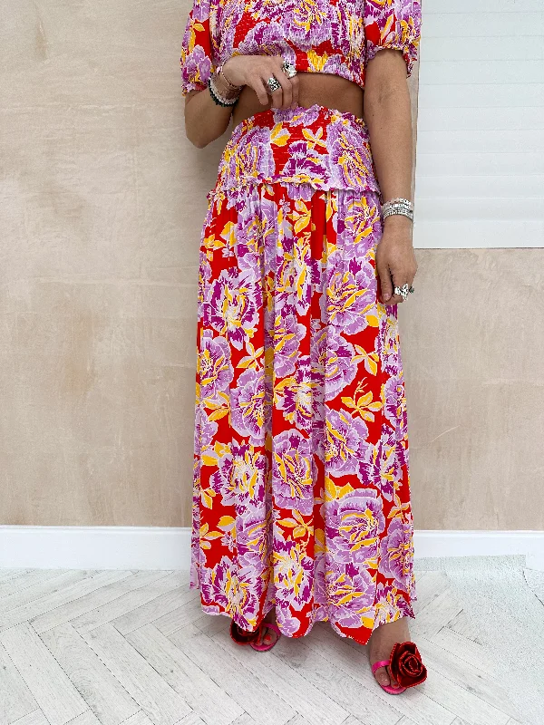 Abstract Floral Full Midi Skirt In Red