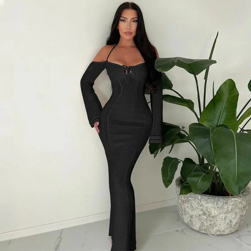 Sexy Knitted Bodycon Dress Women Autumn Long Sleeve Off Shoulder Dress