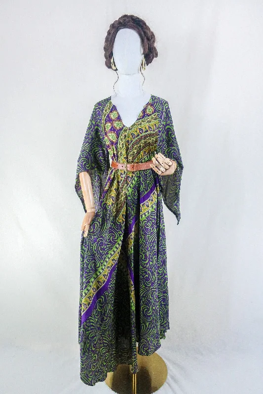 Goddess Dress - Cadbury Purple & Green Floral Paisley - Vintage Sari - Free Size