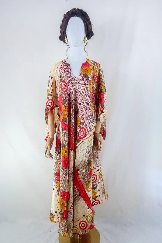 Goddess Dress - Sandy Beige & Rouge Red Floral - Vintage Sari - Free Size